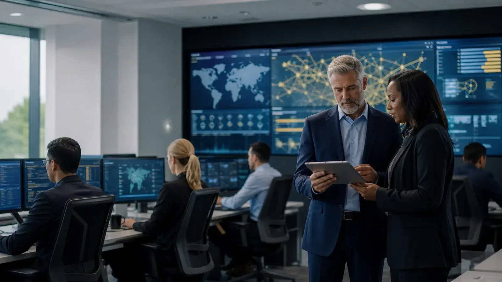 Enterprise managed IT operations team monitoring cybersecurity and network systems